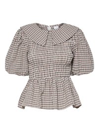 Smocked peplum top with a large collar. Constructed from a checkered pattern fabric in muted tones. Puff sleeves and gathered detailing.