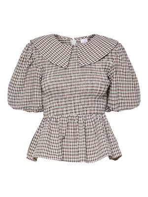 Smocked peplum top with a large collar. Constructed from a checkered pattern fabric in muted tones. Puff sleeves and gathered detailing.