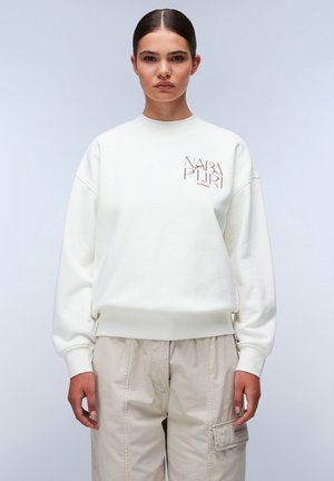 Witte sweatshirt met een ronde hals, verlaagde schouders en geribbelde manchetten. Beschikt over het logo "NAPAPIJRI" in bruin op de voorkant.