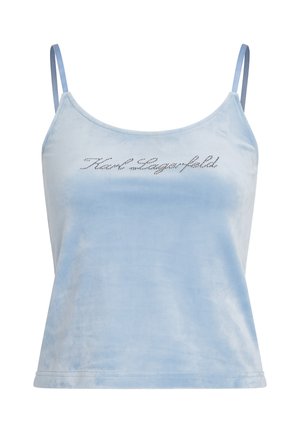 Camisole en velours bleu clair avec de fines bretelles réglables. Présente le texte "Karl Lagerfeld" orné de strass sur le devant.
