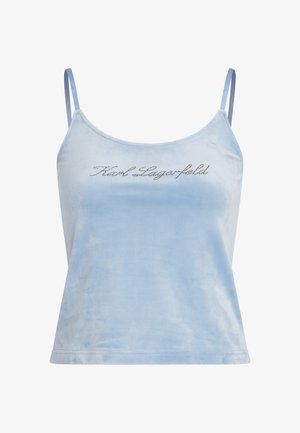 Lichtblauwe fluwelen camisole met dunne verstelbare bandjes. Voorzien van de tekst "Karl Lagerfeld" versierd met strass steentjes aan de voorkant.
