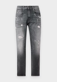 Faded black denim jeans with distressed patches. Features five pockets, a button fly, and a straight-leg design.
