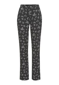 Melnas bikses ar baltu ziedu rakstu, ar taisnu kāju dizainu un elastīgu jostu ērtībai.