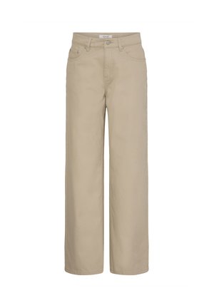 Pantaloni beige a gamba dritta con bottone e cerniera frontali, passanti per cintura e tasche laterali e frontali.