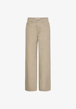 Pantaloni beige a gamba dritta con bottone e cerniera frontali, passanti per cintura e tasche laterali e frontali.