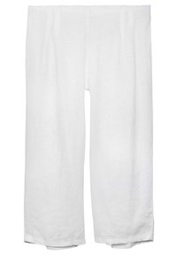 Vita linnebyxor med vida ben och avslappnad passform, med en mjuk textur och subtila veck fram. Ankel-långa med en ren fåll.
