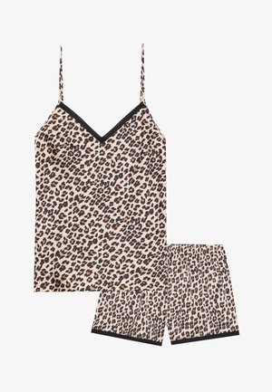 Leopardiprindiga kampsun ja lühikesed püksid. Pehme kude, hele taust tumepruunide ja oranžide laikudega. Reguleeritavad rihmad, musta äärisega aksessuaarid.