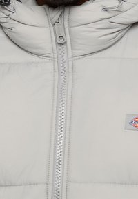 Jasnoszara ocieplana kurtka z wysokim kołnierzem, gładką teksturą, zamkiem błyskawicznym z przodu oraz małą naszywką z logo na piersi.