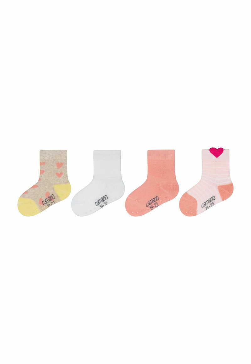 Set mit vier Paar Kindersocken: gelb mit Herzen, weiß, pink und pink gestreift mit einem Herzen. Hergestellt aus weichem, dehnbaren Material.