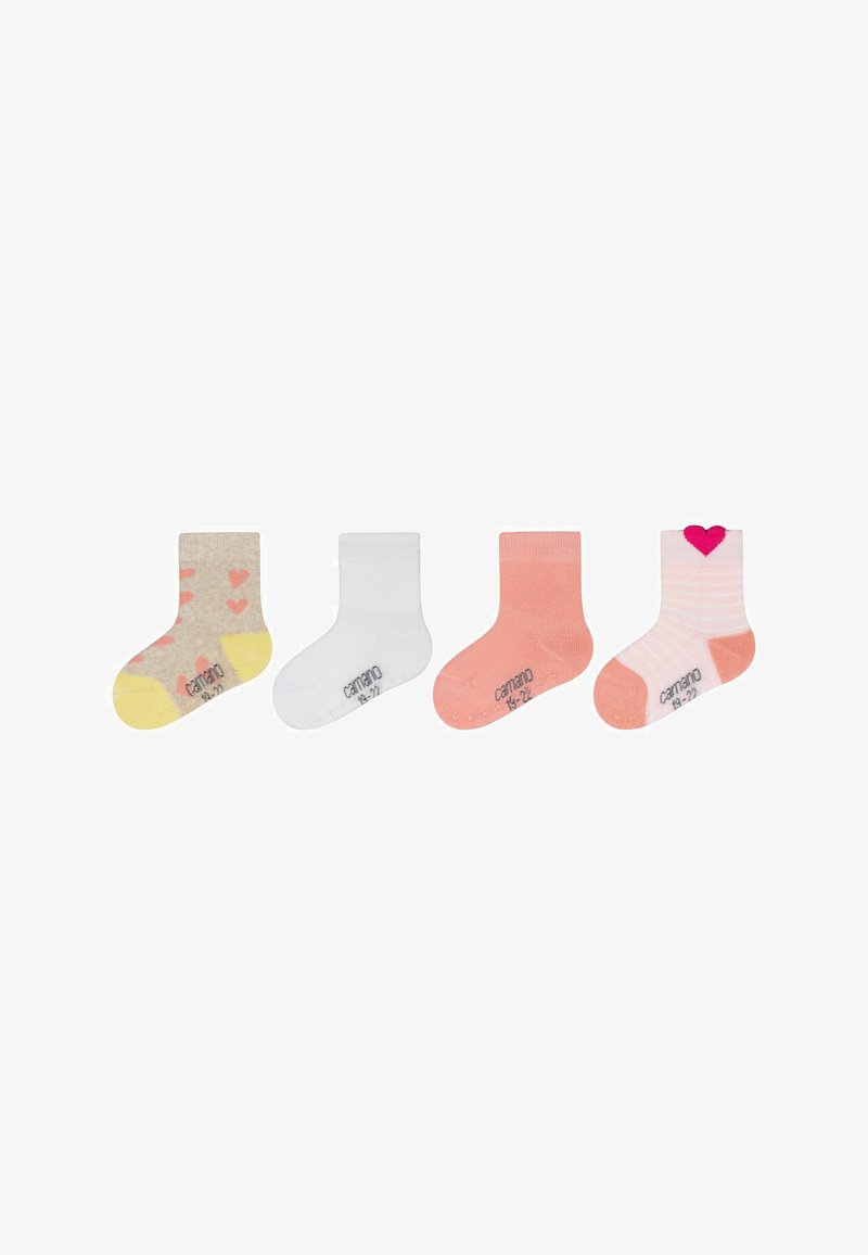Set mit vier Paar Kindersocken: gelb mit Herzen, weiß, pink und pink gestreift mit einem Herzen. Hergestellt aus weichem, dehnbaren Material.