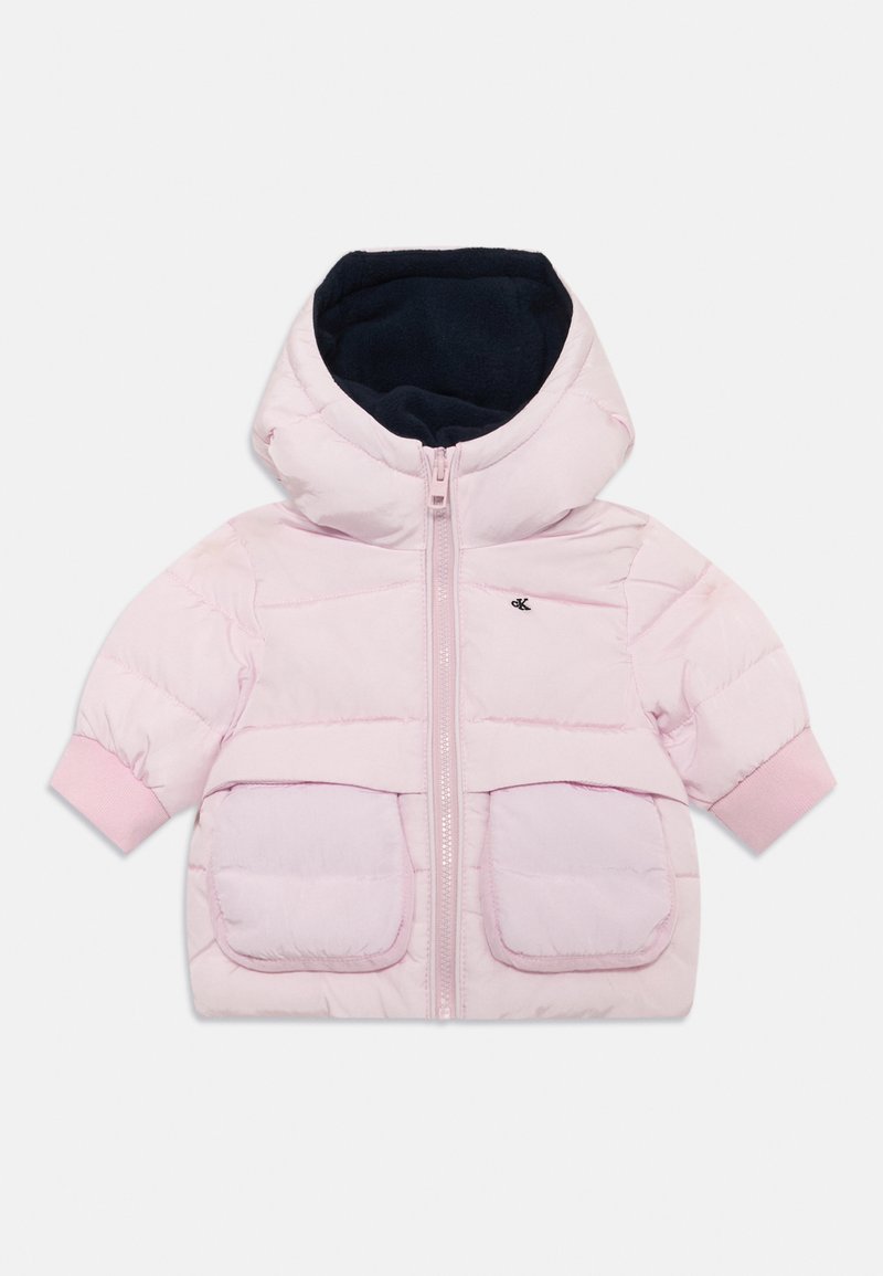 Light pink padded jacket with a black hood, front zipper, and two large front pockets. Cuffs and hem are slightly elasticized.