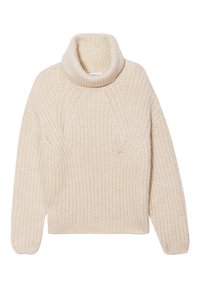 Pull en tricot de couleur crème avec un col roulé haut, présentant un motif texturé et une coupe ample. Manches et ourlet côtelés.