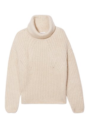Pull en tricot de couleur crème avec un col roulé haut, présentant un motif texturé et une coupe ample. Manches et ourlet côtelés.