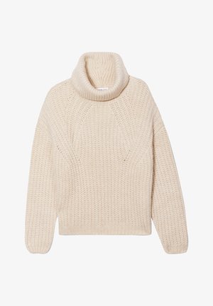 Pull en tricot de couleur crème avec un col roulé haut, présentant un motif texturé et une coupe ample. Manches et ourlet côtelés.