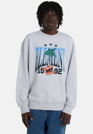 Młoda osoba o ciemnych włosach, ubrana w szarą bluzę z niebieskim napisem "ELEMENT", zielonym motywem liścia oraz wzorem "Atlanta USA 1992".