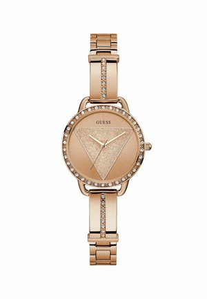 Orologio in oro rosa con cassa circolare, quadrante triangolare glitterato e dettagli in cristallo sulla lunetta e sul bracciale. Cinturino in acciaio inossidabile.