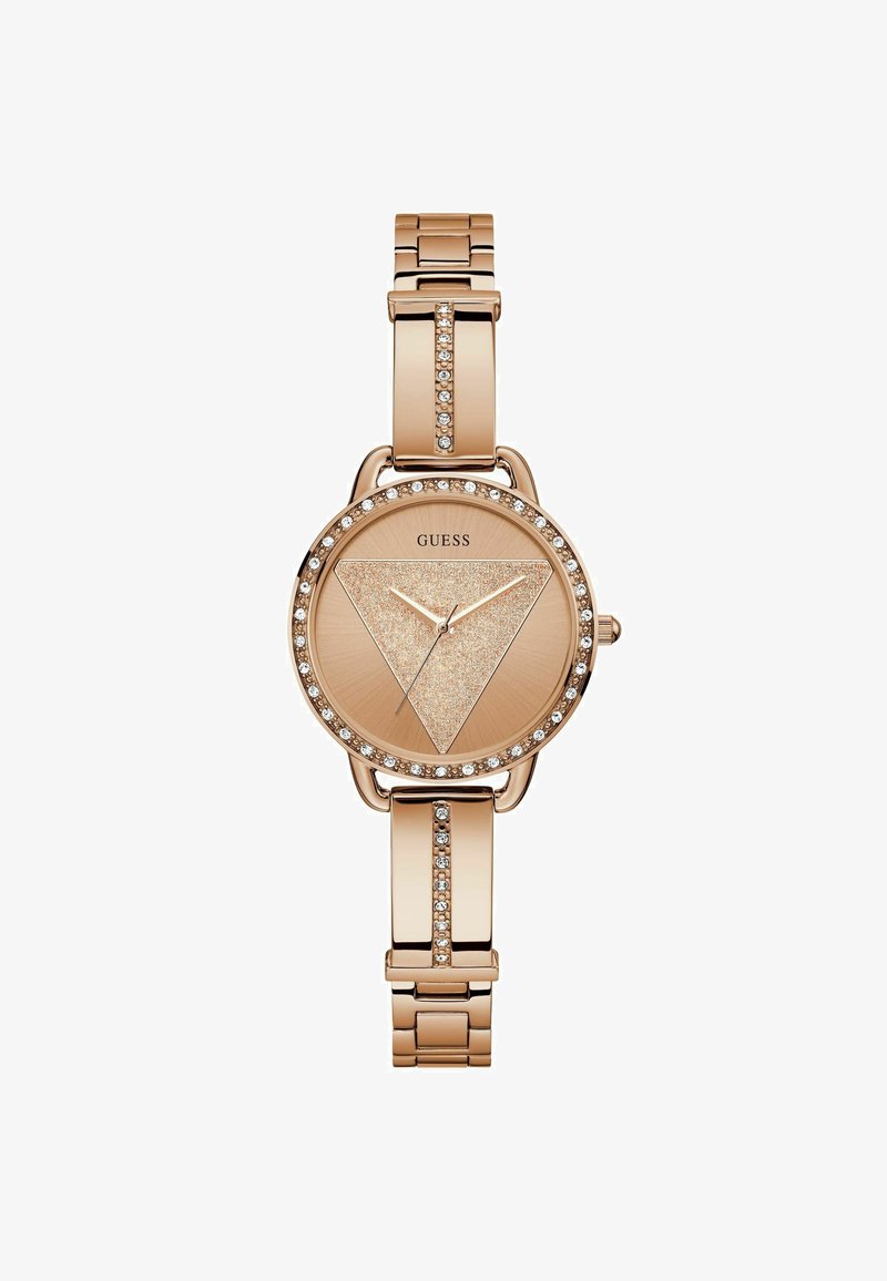 Reloj de oro rosa con una caja circular, esfera triangular brillante y acentos de cristal en el bisel y la pulsera. Banda de acero inoxidable.