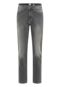 Szare dżinsy o prostym kroju nogawki, styl pięciu kieszeni i subtelnym przetarciu. Posiadają zapięcie na guzik oraz widoczne akcenty stębnowania.