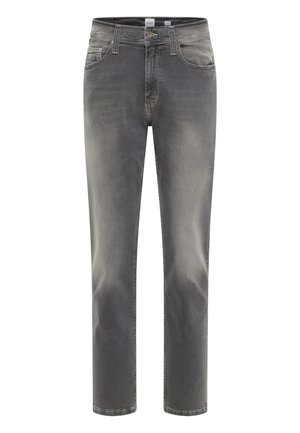 Graue Denim-Jeans mit geradem Bein, im Fünf-Taschen-Stil und subtilen Verblassungen. Sie verfügen über einen Knopfverschluss und sichtbare Nähte.
