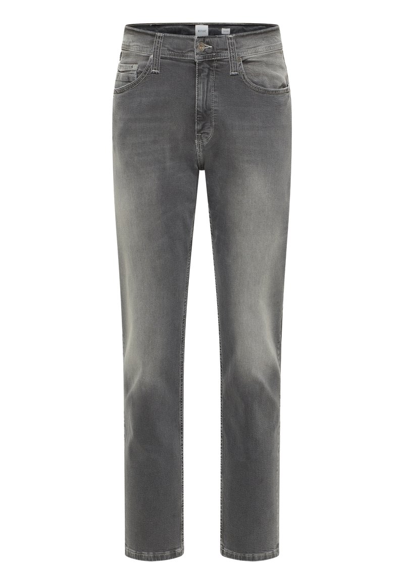 Szare dżinsy o prostym kroju nogawki, styl pięciu kieszeni i subtelnym przetarciu. Posiadają zapięcie na guzik oraz widoczne akcenty stębnowania.