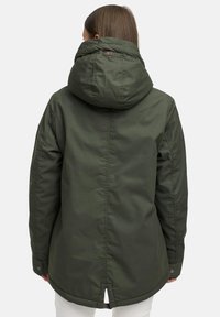 Dark green jacket with a hood, featuring a straight cut, large back, and snap buttons. The material appears smooth and weather-resistant.