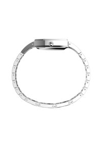 Silberne Metallarmbanduhr mit rundem Ziffernblatt und verknüpftem Armband mit glatten, glänzenden Oberflächen sowie einer hervorgehobenen Krone an der Seite.