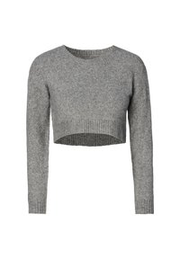 Szary krótki sweter wykonany z miękkiej dzianiny, z długimi rękawami i prążkowanym wykończeniem. Prosty okrągły dekolt i fakturowane wykończenie.