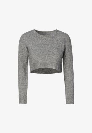 Pull court gris en tricot doux, doté de manches longues et d'un ourlet côtelé. Col rond simple et finition texturée.