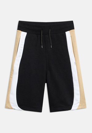 Čierne krátke nohavice s béžovými a bielymi bočnými panelmi a elastickým pásom s čiernymi šnúrokami, zobrazené na jednoduchom pozadí.