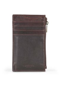 Brown leather cardholder with multiple card slots and a zippered pocket. Features a smooth texture and embossed brand name on the front.