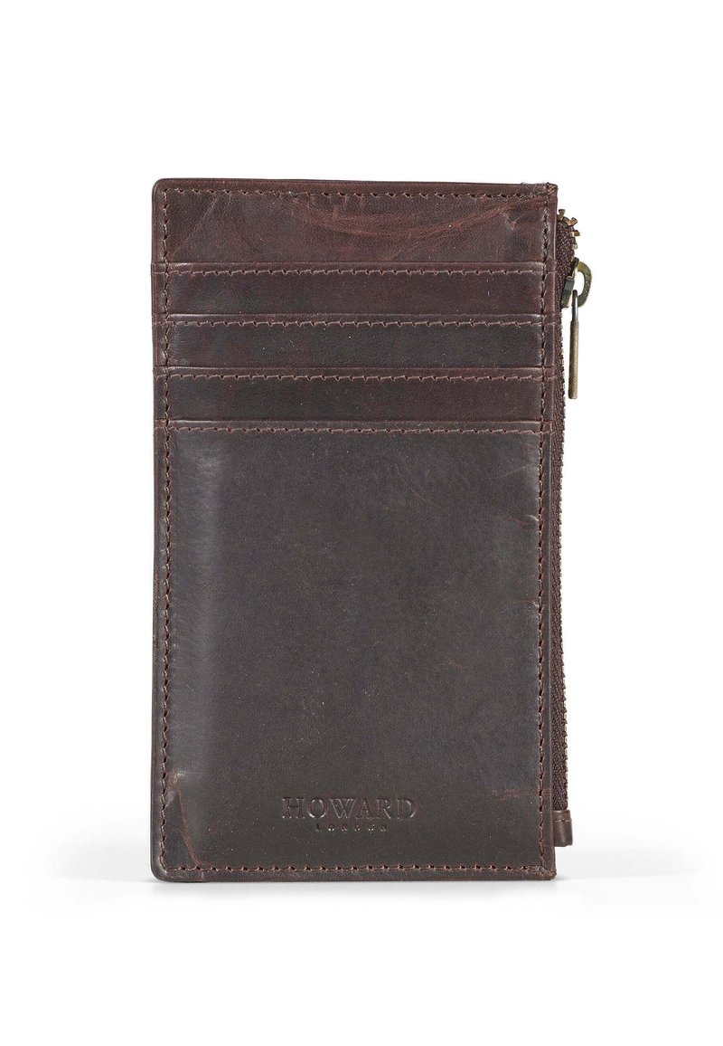 Brown leather cardholder with multiple card slots and a zippered pocket. Features a smooth texture and embossed brand name on the front.