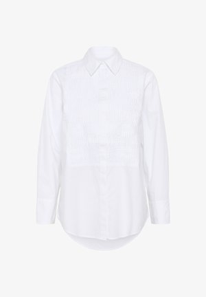 White button-up shirt with a textured, gathered panel at the front, long sleeves, and a classic collar. Smooth cotton fabric.