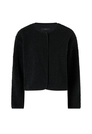 Sort fleecejakke med lange ærmer, rund halsudskæring og frontsyninger, lavet af tekstureret blødt stof, fra mærket Ellos, størrelse small.