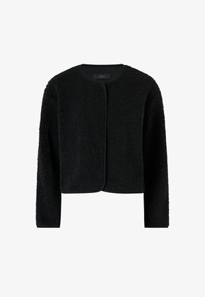 Zwarte lange mouwen fleecejas met ronde hals en voorste stiknaden, gemaakt van zachte, gestructureerde stof, van het merk Ellos, maat small.