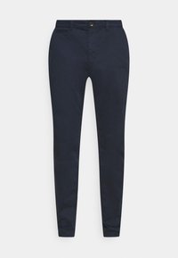 Chinos slim-fit blu navy realizzati in morbido cotone. Presentano una chiusura con bottone frontale e tasche laterali. Design della gamba dritta e liscia.