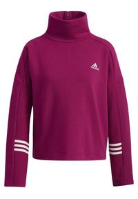 Långärmad lila Adidas-pullover med hög krage, liten vit logotyp på bröstet och tre vita ränder runt varje ärm nära handlederna.