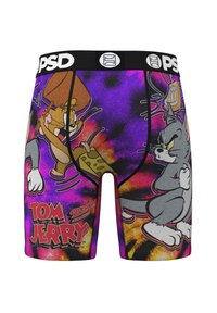 Briefs made of stretchy fabric featuring a vibrant purple background with cartoon characters Tom and Jerry, logo text in bold black.