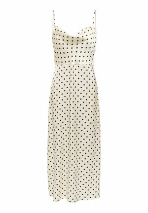 Biała midi sukienka bez rękawów w czarne groszki, z dopasowaną talią i drapowanym dekoltem.