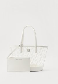 Borsa a tracolla bianca con design in rete trasparente, dotata di due spallacci, dettaglio del logo e una piccola pochette bianca inclusa.