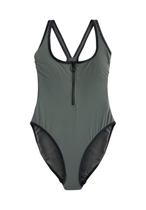 Olivenfarbener Einteiler mit Reißverschluss vorne und schwarzem Besatz. Glattes Material, hoch geschnittene Beine und ein quadratischer Ausschnitt.