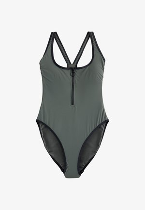 Costum de baie monokini de culoare verde măsliniu, cu fermoar în față și detalii negre. Material neted, cu picioare tăiate înalt și guler pătrat.