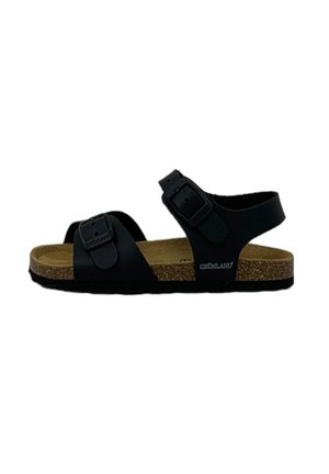 Infradito neri con due cinturini regolabili a fibbia, soletta in sughero e suola in gomma nera. Il design è piatto con un'estetica minimalista.