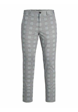Pantalon homme slim fit avec motif à carreaux gris et noir, bouton à l'avant et passants de ceinture, présenté sur fond blanc.
