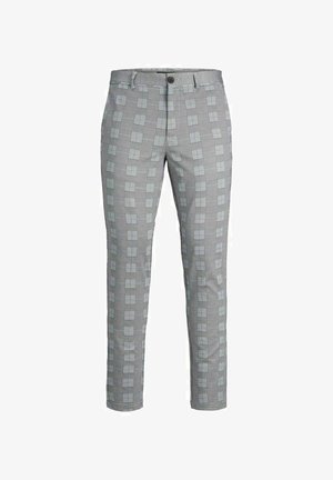 Pantaloni da uomo slim fit con motivo a quadri grigio e nero, bottone frontale e passanti per cintura, mostrati su sfondo bianco.