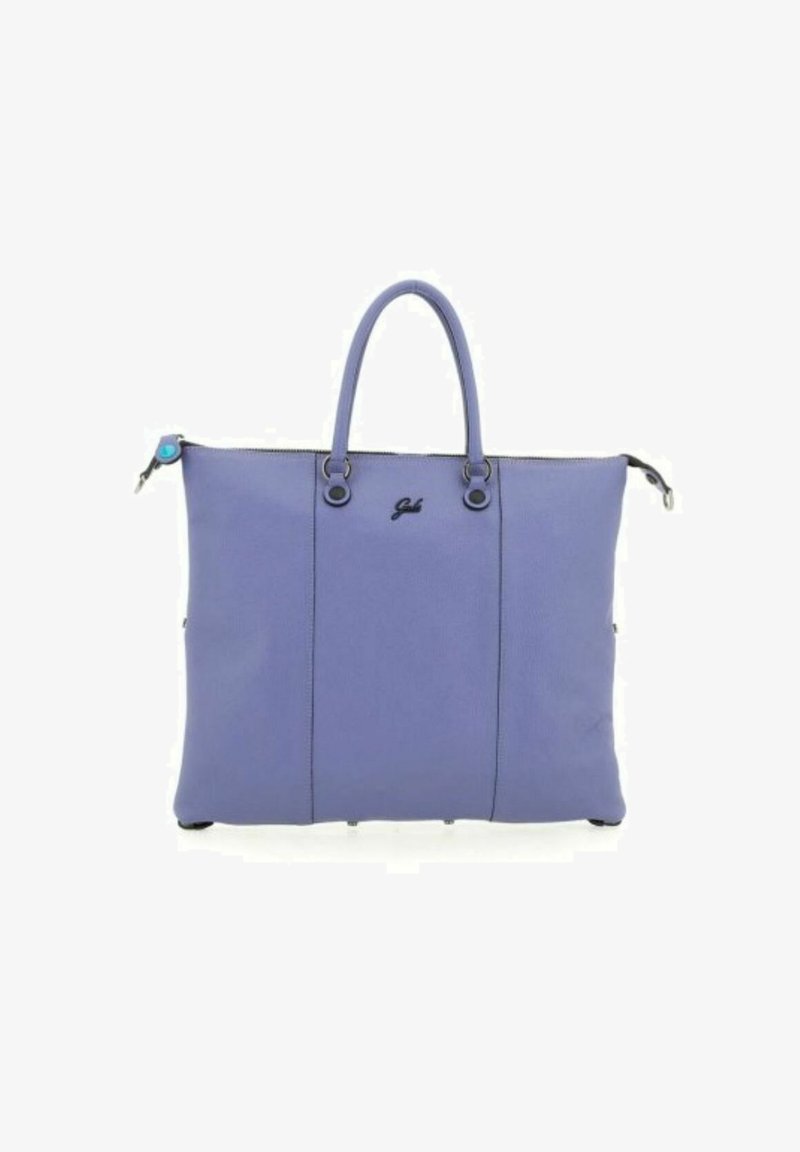 Lila Leder-Tote-Tasche mit zwei Griffen, Reißverschluss und dezentem Logo. Glatte Textur mit Oberstoffen und kontrastierenden Hardware-Akzenten.