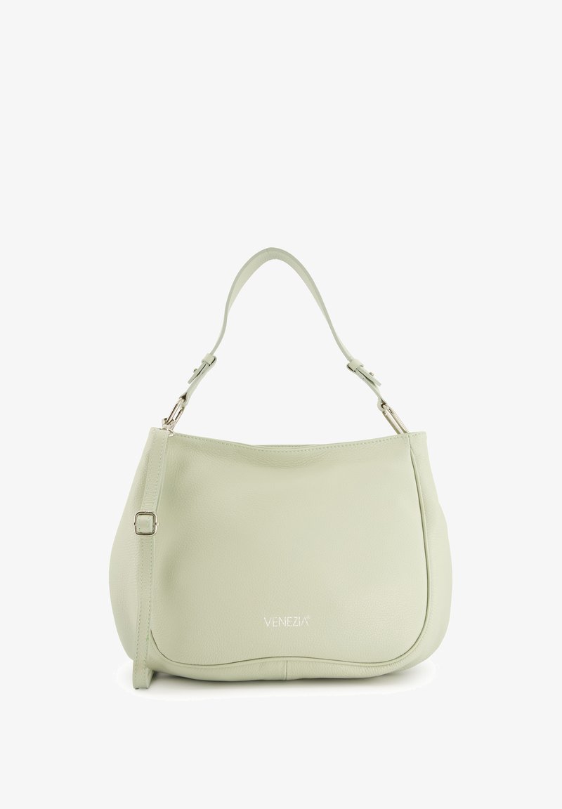 Light green leather handbag with a curved shape, adjustable strap, silver hardware, and embossed "VENEZIA" logo on the front.