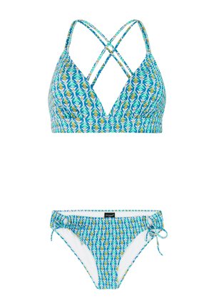 Ensemble bikini bleu et vert à motifs avec des bretelles croisées sur le haut et des détails à nouer sur les côtés du bas.