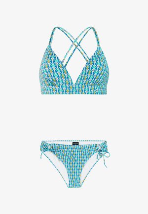 Blauw-groen bikini set met patroon, gekruiste bandjes aan de bovenkant en zijstrikjes aan de onderkant.