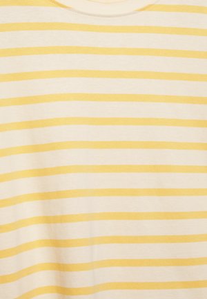 Crèmekleurige stof met gelijkmatig verdeelde horizontale gele strepen en een ronde halslijn.