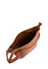 Brown leather messenger bag with a zippered main compartment, interior pockets, and an adjustable strap for versatile use.